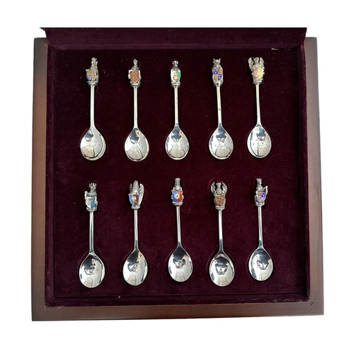 472 - A cased set of ten silver and enamelled The Queen`s Beasts Collection including spoons for Lion of E... 