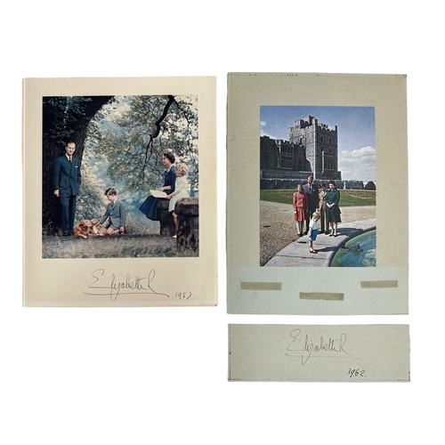 824 - Two partial Christmas cards sent by HM The Elizabeth II, missing front covers.  The first from 1957 ... 