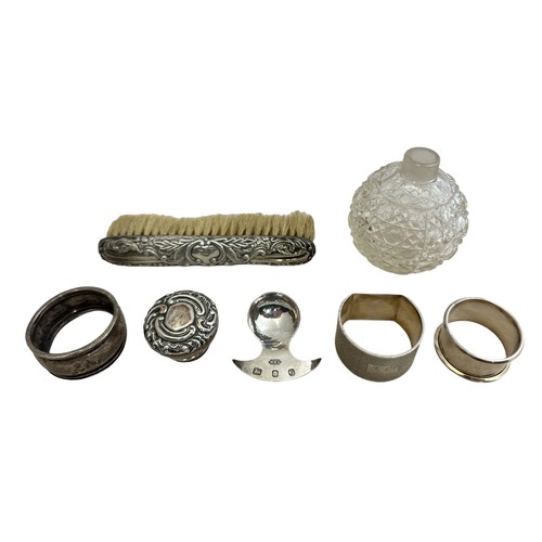 474 - Selection of various silver hallmarked items, to include; clothes brush with S & Co hallmark, caddy ... 