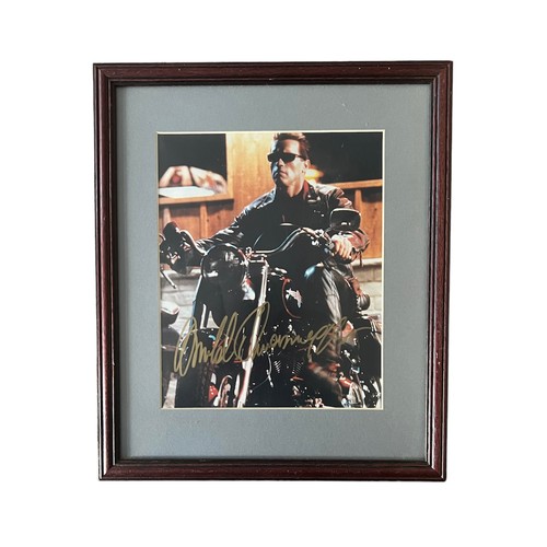 554 - Arnold Schwarzenegger (b.1947) – A framed colour photograph signed by Arnold Schwarzenegger in gold ... 