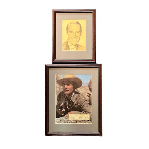 559 - Randolph Scott (1898-1987) – Pair of framed photographs signed by Randolph Scott to include; a black... 