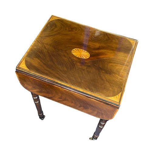 406 - Small inlaid two-drawer drop-leaf side table with glass top on brass caster, depth 48cm, width 40cm ... 