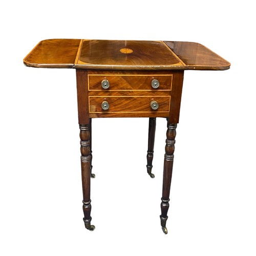 406 - Small inlaid two-drawer drop-leaf side table with glass top on brass caster, depth 48cm, width 40cm ... 