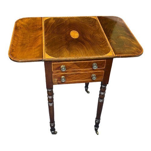 406 - Small inlaid two-drawer drop-leaf side table with glass top on brass caster, depth 48cm, width 40cm ... 