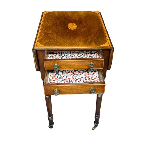 406 - Small inlaid two-drawer drop-leaf side table with glass top on brass caster, depth 48cm, width 40cm ... 