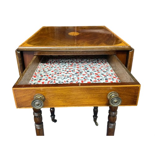 406 - Small inlaid two-drawer drop-leaf side table with glass top on brass caster, depth 48cm, width 40cm ... 