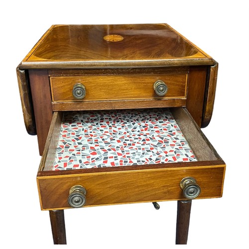 406 - Small inlaid two-drawer drop-leaf side table with glass top on brass caster, depth 48cm, width 40cm ... 