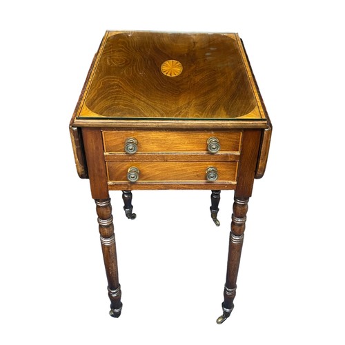 406 - Small inlaid two-drawer drop-leaf side table with glass top on brass caster, depth 48cm, width 40cm ... 