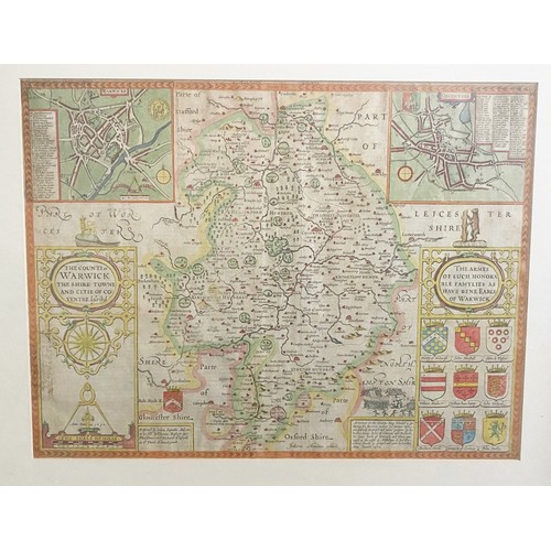 476 - John Speed, 17th Century map of Warwickshire, ‘The Counti of Warwick The Shire Towne and Citie of Co... 