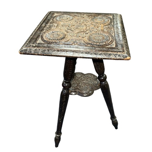 373 - Small eastern carved tripod stool/table, height 45cm, top 23cm square.