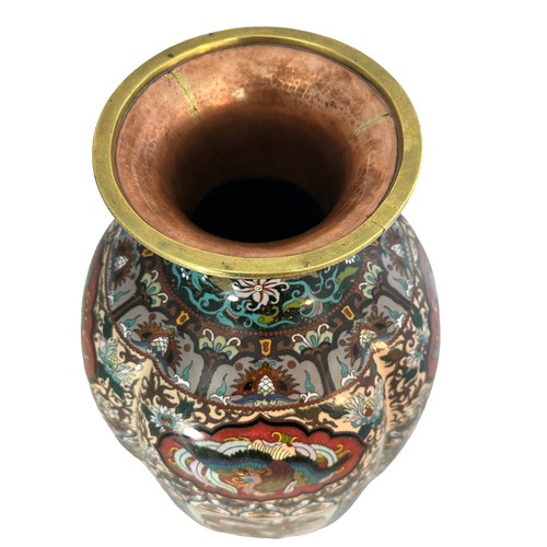 79 - Oriental/Japanese Copper / Bronze Cloisonne or similar enameled vase, unusual style, 46cm in height.