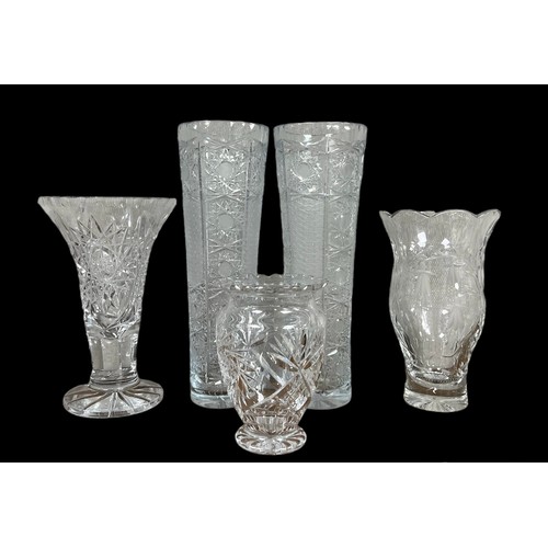 301 - Range of glass decanters (2) 23cm and 26cm tall, and vases (5) from 17cm to 36cm. Qty 7 items