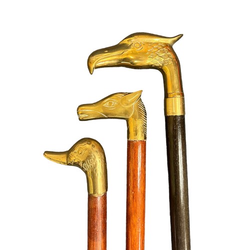 306 - Collection of eleven walking sticks, including one with a brass duck head handle, one with a brass h... 