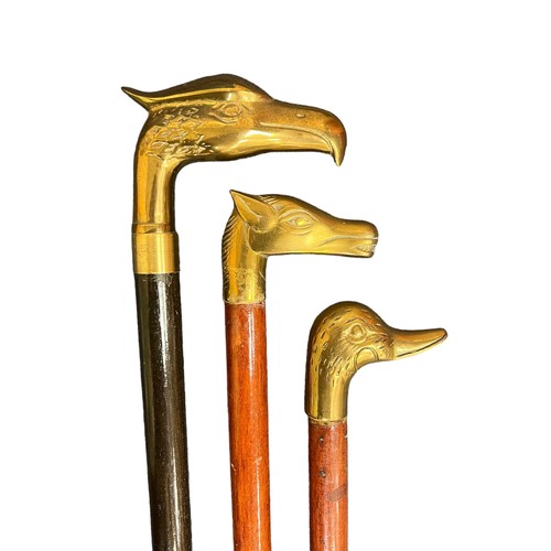 306 - Collection of eleven walking sticks, including one with a brass duck head handle, one with a brass h... 