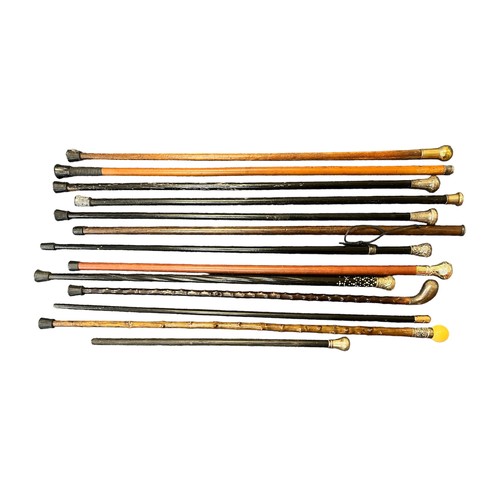 307 - Collection of thirteen walking sticks, mostly with white metal tops, three have obscured hallmarks.