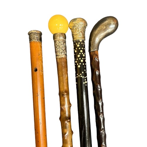 307 - Collection of thirteen walking sticks, mostly with white metal tops, three have obscured hallmarks.