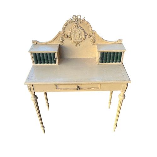 294 - Vintage French painted ladies desk, with twin faux book fronted storage shelves and single drawer to... 