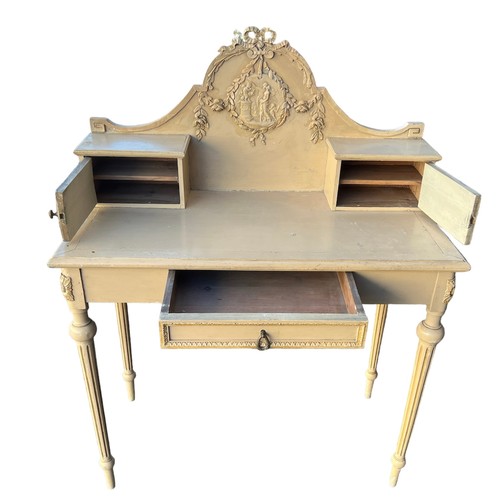 294 - Vintage French painted ladies desk, with twin faux book fronted storage shelves and single drawer to... 