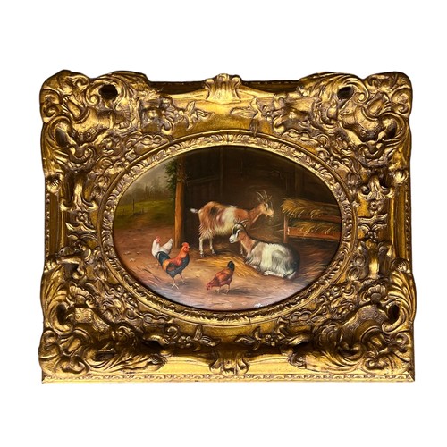 37 - A selection of seven artworks and prints to include a convex farm scene featuring two goats and chic... 