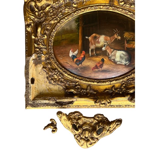 37 - A selection of seven artworks and prints to include a convex farm scene featuring two goats and chic... 