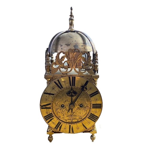 133 - 17th Century brass quarter strike twin fusee lantern clock, the dial signed Thomas Dyde, London. Bel... 