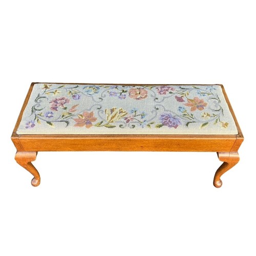 292 - Cabriole leg wooden bench with embroidered seat, width 102cm, depth 40cm and height 41cm.