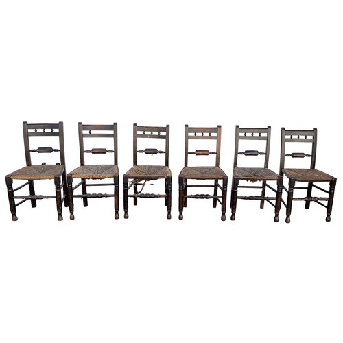 488 - Set of 6 mid 19th Century rush seated country chairs with matching rocking chair en-suite