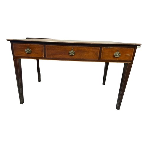 496 - 19th Century mahogany satinwood crossbanded 3-drawer table, oval brass handles, line inlaid square t... 