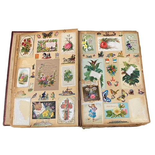 728 - Victorian scrap book with 70+ pages of colour cut-outs, greetings cards etc, significant foxing, fro... 