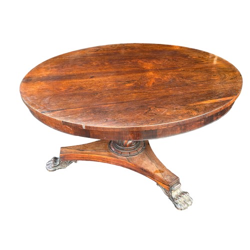 185 - Late Regency William IV rosewood breakfast table with triform base and paw feet. Diameter 130cm.