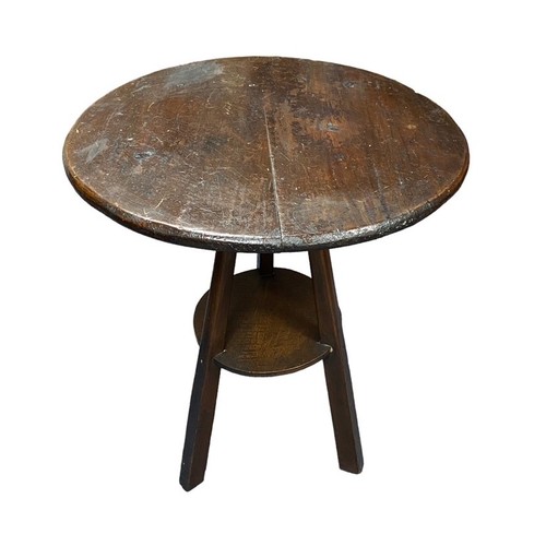 291 - Decorative two tier stained pine cricket table, diameter 61cm, height 71cm.