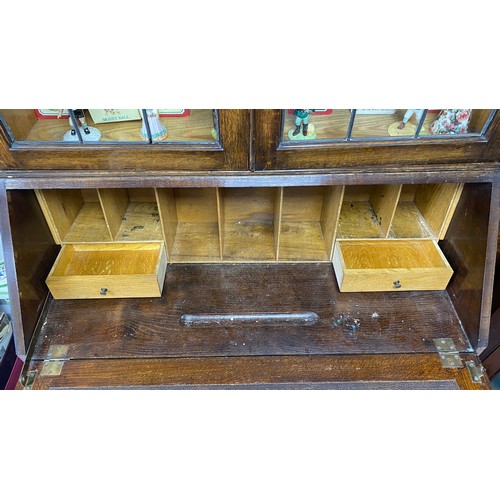 454 - Early 20th Century leaded bureau bookcase, height 206cm, width 90cm, depth 46cm.