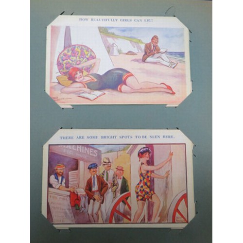 670 - Postcard collection in 5 old albums, with odd RP, ranges of shipping, comic, artist drawn, military,... 