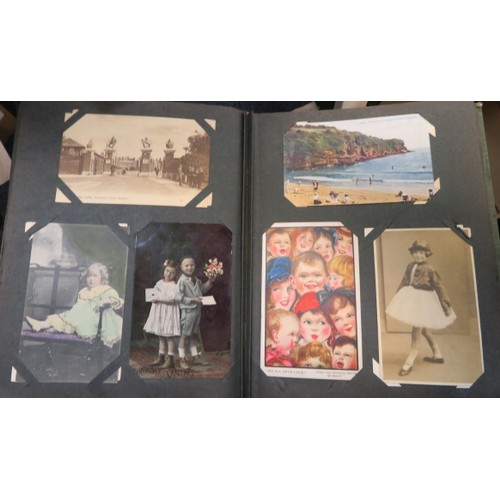 670 - Postcard collection in 5 old albums, with odd RP, ranges of shipping, comic, artist drawn, military,... 