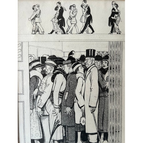 154 - Arthur George Watts (British, 1883-1935) – Pencil, Pen & Ink illustration of a crowded elevator scen... 