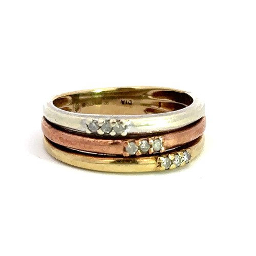 477 - A 9ct gold and diamond tri colour ring, size M. The white, yellow and rose gold bands are each set w... 