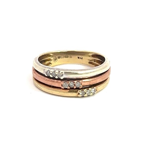 477 - A 9ct gold and diamond tri colour ring, size M. The white, yellow and rose gold bands are each set w... 