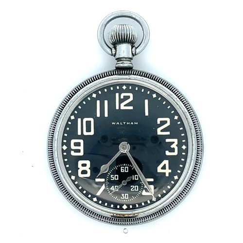 534 - Waltham; a military issue stainless steel crown wind open face pocket watch with black painted dial ... 