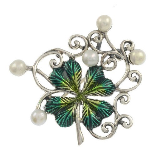 512 - A cultured pearl and enamel brooch, depicting a four-leaf clover. May be worn as a pendant. Stamped ... 