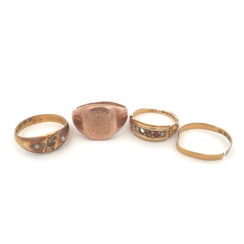 481 - Four damaged gold rings including a 22ct band, a 9ct signet ring and 15ct ring Total weight 13.79g a... 