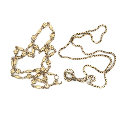 495 - Two 9ct gold chains. A boxchain, stamped 9K, and a flower chain with a broken clasp, stamped 375. To... 