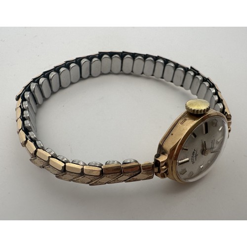 604 - A gold ladies Rotary watch stamped 375, 17 jewel Incabloc, baton hour markers. Bracelet marked Excal... 