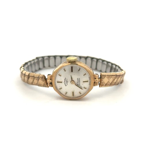 604 - A gold ladies Rotary watch stamped 375, 17 jewel Incabloc, baton hour markers. Bracelet marked Excal... 