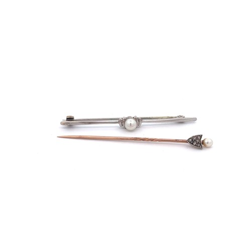 437 - A cultured pearl bar brooch stamped 9ct and a marcasite and pearl yellow metal pin.