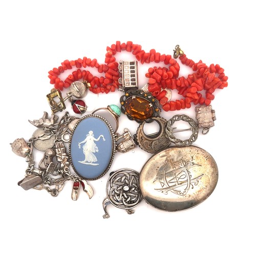 505 - A number of silver jewellery items including a charm bracelet,  crescent moon brooch.  Also a coral ... 