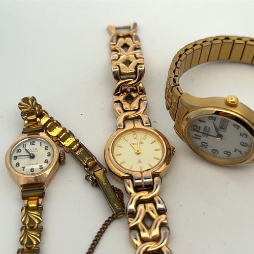 596 - Three watches: a gold plated Accurist watch with gold plated bracelet. Baton hour markers, Japanese ... 