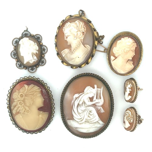 483 - A number of cameos including 4 brooches, a pendant and earrings. Some in 9ct mounts.