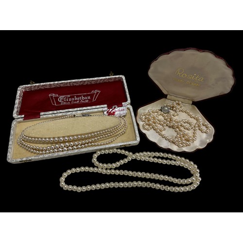 447 - 3 simulated pearl necklaces including a vintage Rosita necklace in box and cased Elizabethan silver ... 