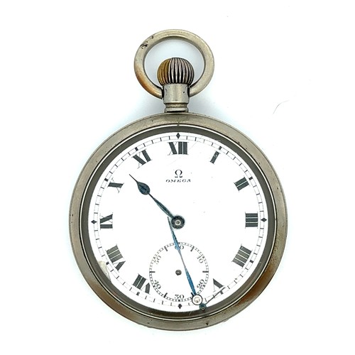 551 - An Omega white faced pocket watch with Roman numerals, two faced, two out of the three hands detache... 