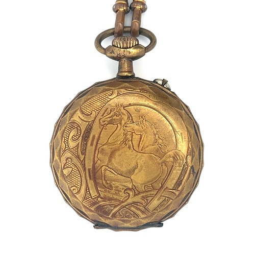 539 - Inimitable brass open-face crown wind pocket watch and chain, Swiss movement, pair of horses engrave... 